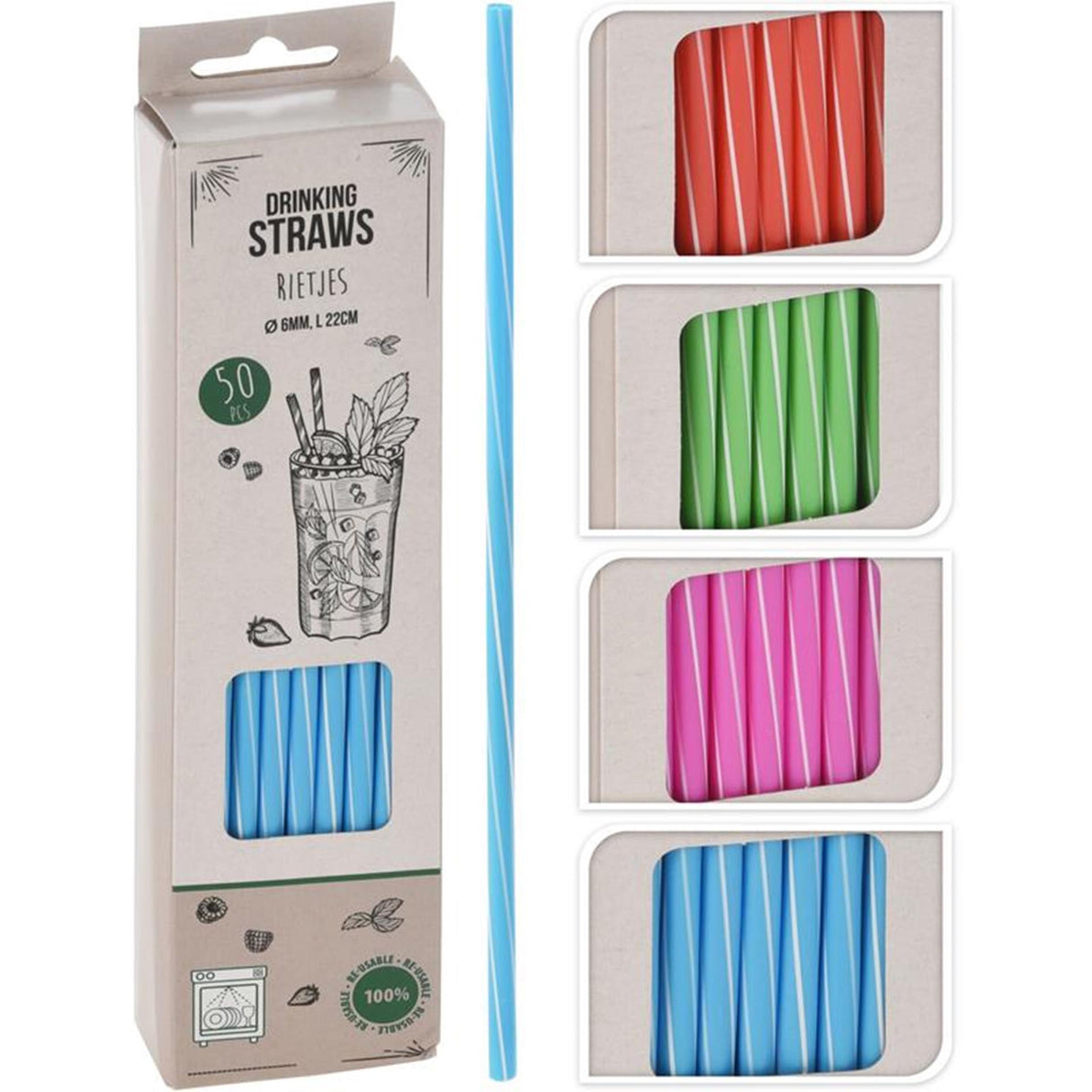 Excellent houseware rietjes kunststof set a 50 stuks herbruikbaar dia0,5x22cm