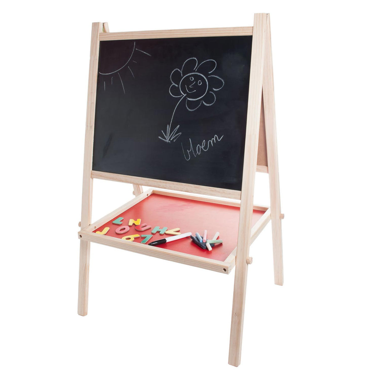 Longfield schoolbord whiteboard van hout – dubbelzijdig kinder schoolbord – educatief speelbord met magneten, krijtjes wisser – tekenbord leerbord – engelhart