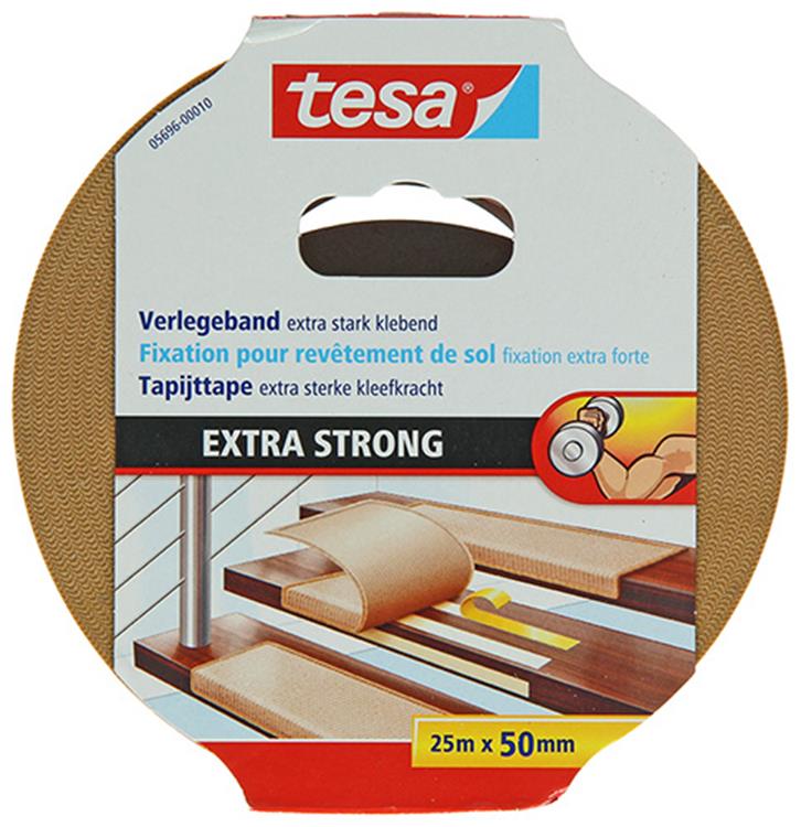 Tesa legtape extra sterk dubbelzijdig plakband voor tapijt en pvc vloeren – 25m x 50mm