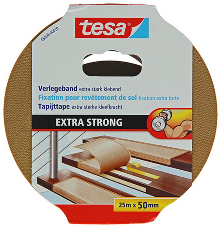 Tesa legtape extra sterk dubbelzijdig plakband voor tapijt en pvc vloeren – 25m x 50mm