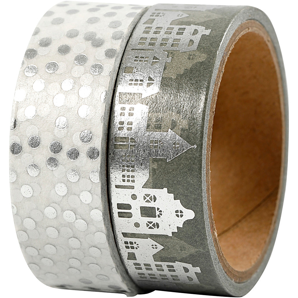 Http: www.cchobby.nl masking-tape-huizen-en-stippen-folie-b-15-mm-zilver-2x4-m-1-doos