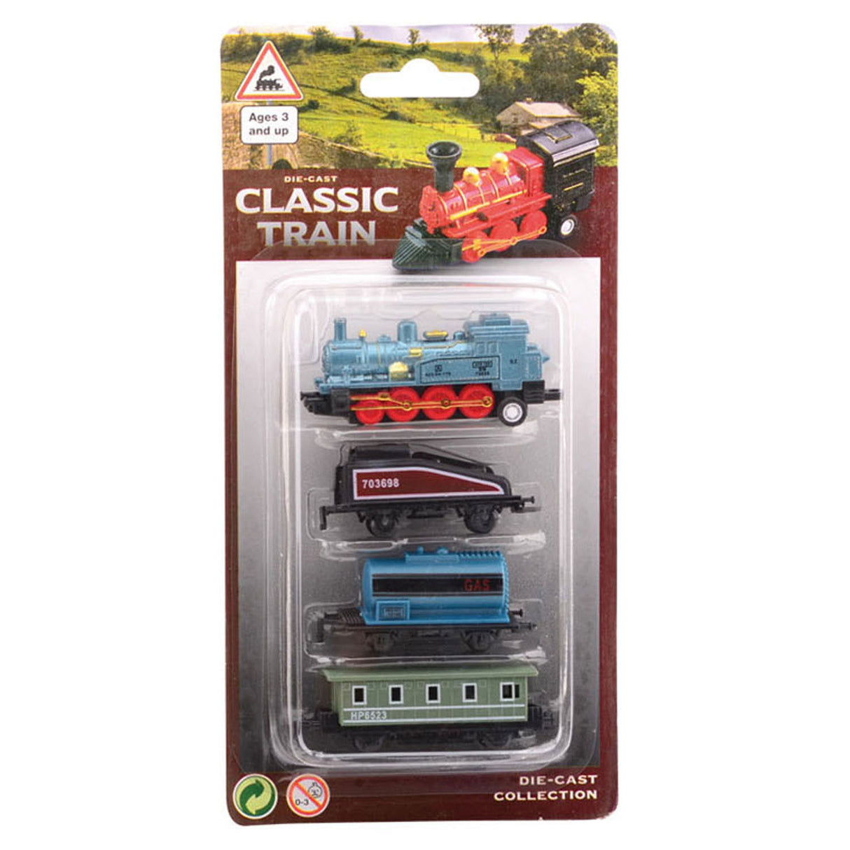 Johntoy diecast locomotief met drie wagons. 3+