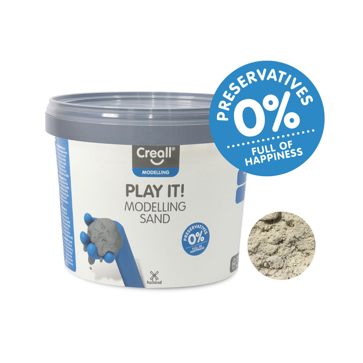 Creall play it! modelleerzand - 750 gram - handige hersluitbare emmer – zacht, fluweelachtig herbruikbaar speelzand – sensorisch spelen 3+ - asbestvrij