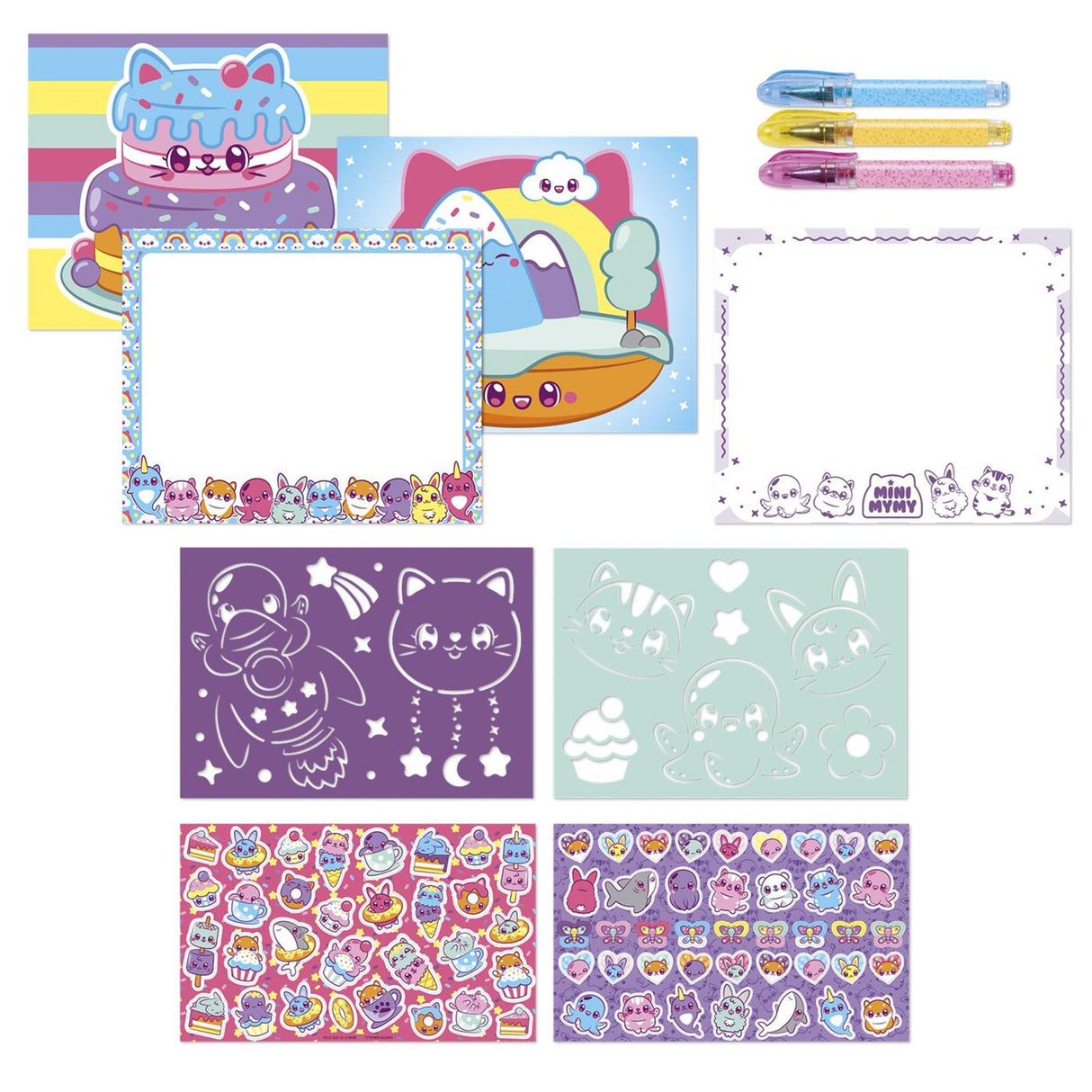 Mini mymy totum kawaii dieren designer activiteiten, teken- schrijf en stickerboek incl. 3 gelpennen en sjablonen, 25-delige set, creatief speelgoed jongens en meisjes vanaf 3 jaar