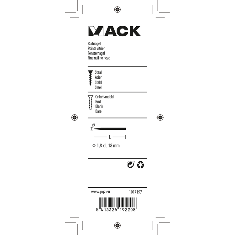 Mack 1017197 - ruitnagel staal onbehandeld 50gr 1,8 x 18 mm | 10 stuks