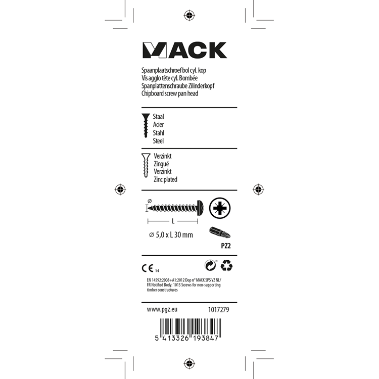 Mack 1017279 - spaanplaatschroef cylkop geelverz.15 st 5,0 x 30 mm | 10 stuks