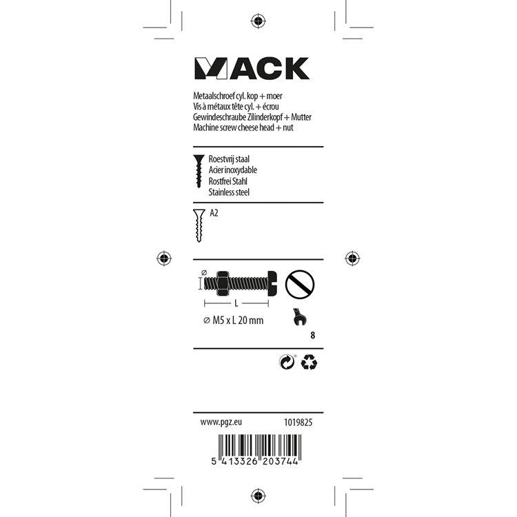 Mack 1019825 - metaalschroef cyl. kop + moer rvs 7 st m5x20 | 10 stuks
