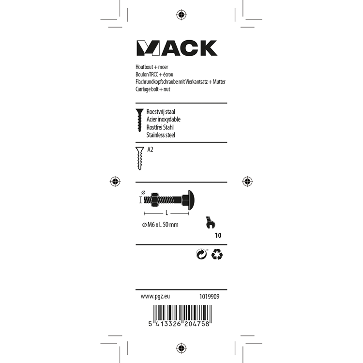 Mack 1019909 - houtbout + moer roestvrijstaal 3 st m6 x 50 mm | 10 stuks
