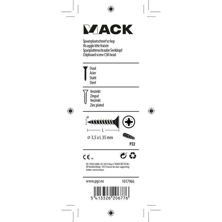 Mack 1017966 - spaanplaatschroef vz kop geelverz. 65st 3,5 x 35 mm | 5 stuks