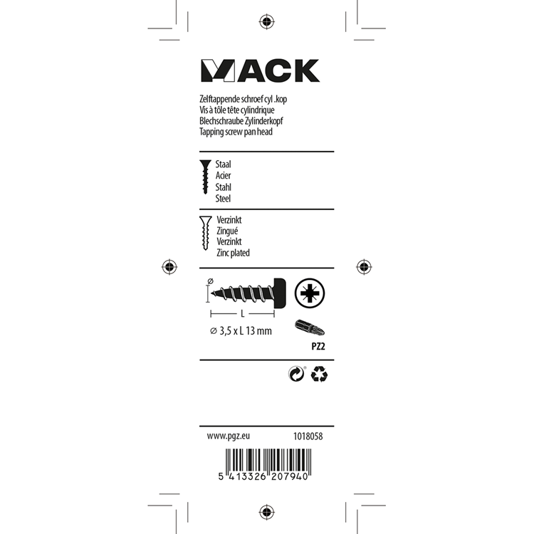 Mack 1018058 - zelftappende schroef cylkop verz. 78 st 3,5 x 13 mm | 10 stuks
