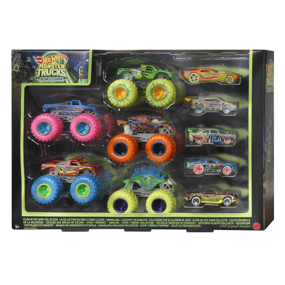 Hot wheels monster trucks set met 10 speelgoedvoertuigen die licht geven in het donker