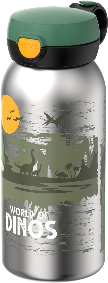 Mepal rvs drinkfles met flipdop campus - 600 ml - waterfles rvs - lekdicht - hygiënische deksel - dino