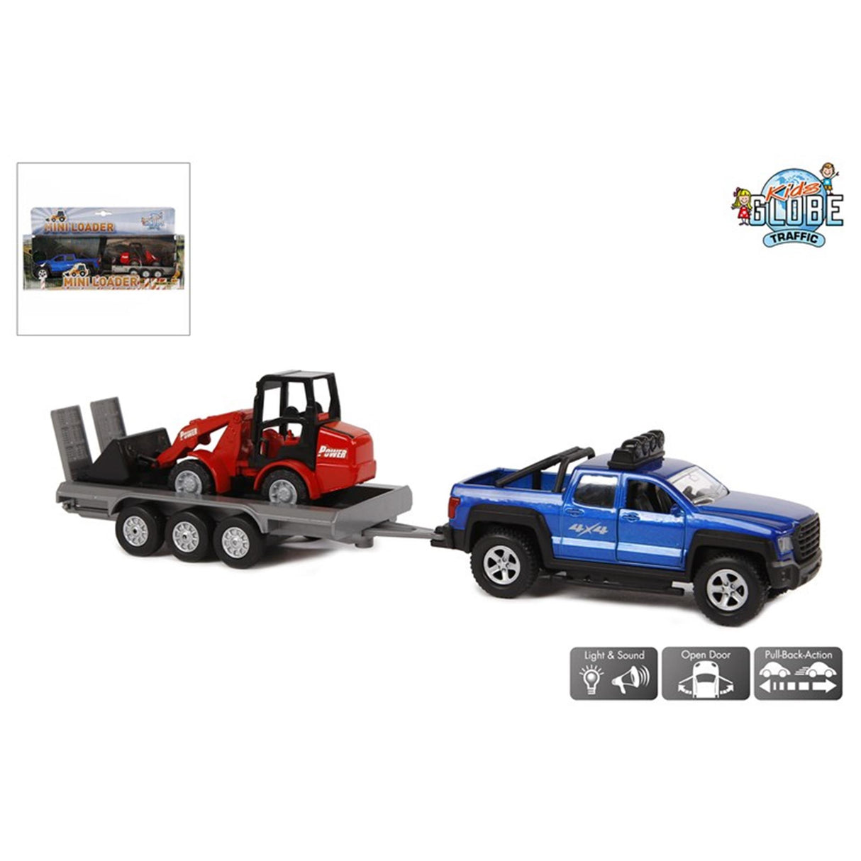 Kids globe terreinwagen met aanhanger en shovel, 30cm