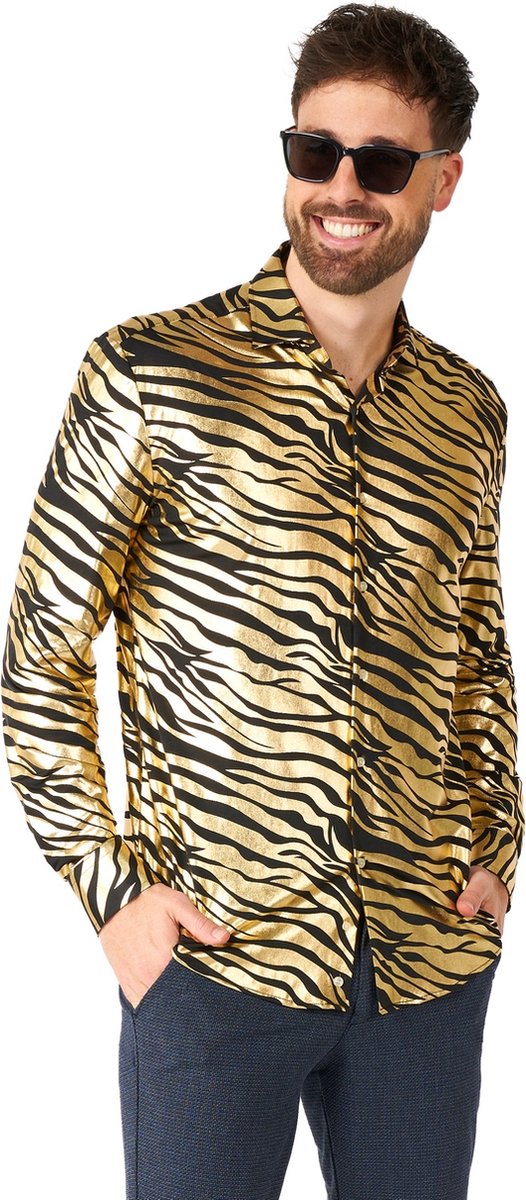 Opposuits shirt - tiger shiner - heren kerst overhemd - carnavalskleding - glimmend shirt - goud - kerst - maat: l