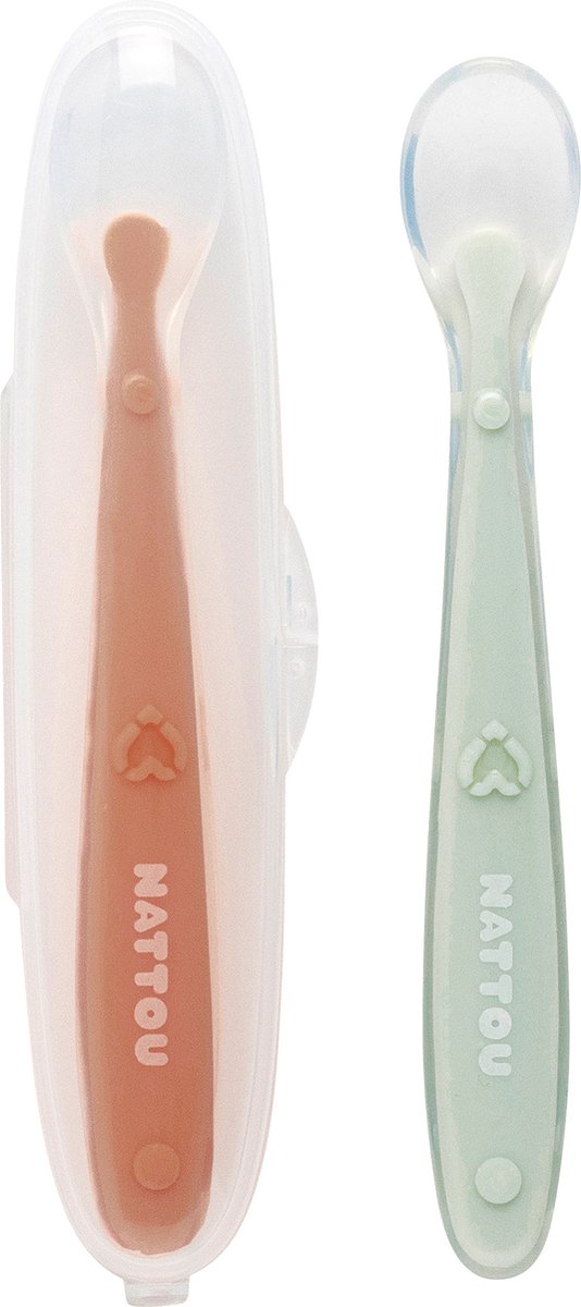 Nattou siliconen lepels voor kinderen - 2 stuks - 16 cm - transportdoos voor 1 lepel - bpa-vrij - groen beige