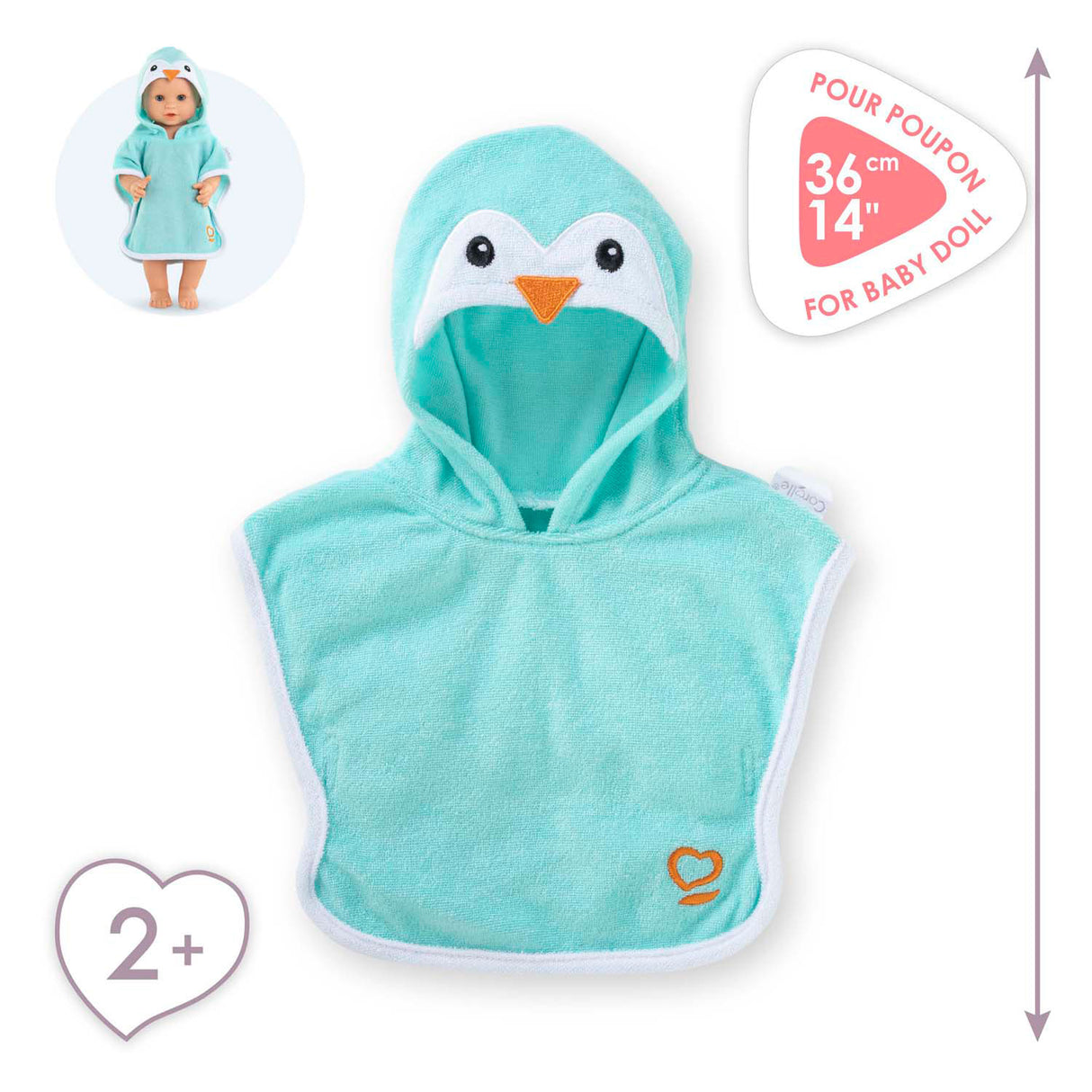Corolle badcape babypop pinguin 36cm - poppenaccessoire blauw.