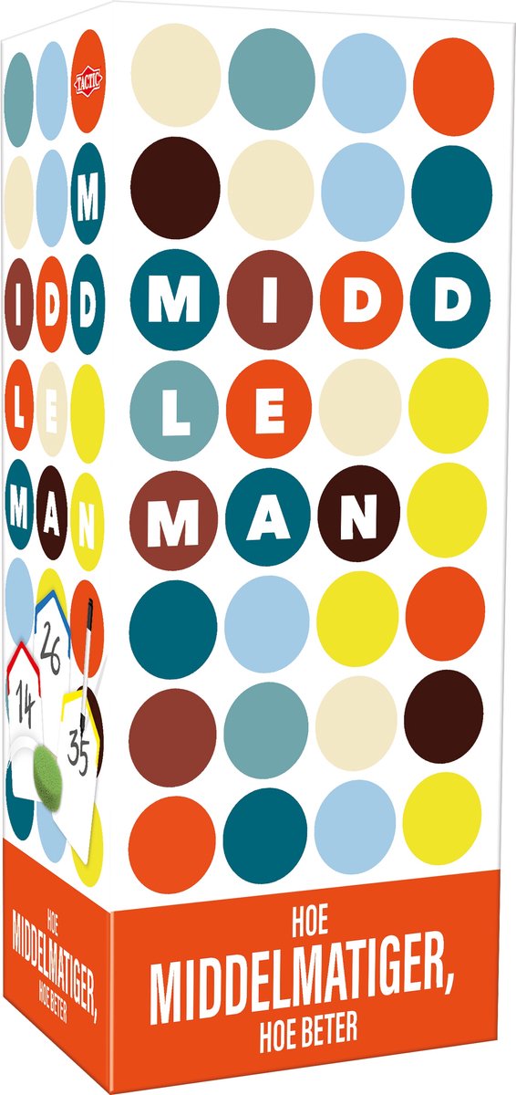 Tactic middleman - partyspel - hoe middelmatiger hoe beter - origineel familiespel - denk als de gemiddelde speler - hilarisch gezelschapsspel - 3 tot 5 spelers - vanaf 10 jaar