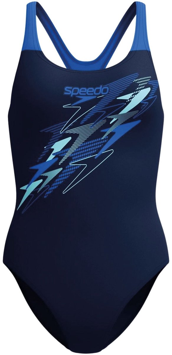 Speedo medley logo medalist 1 piece dames sportbadpak - kleurvast badpak dames - chloorbestendig zwempak dames - sportbadpak dames met medalist-rug - marine blauw - 46