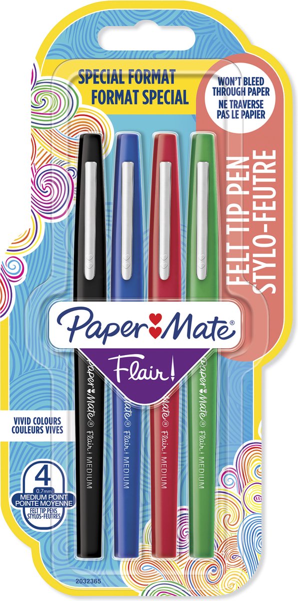 Paper mate flair-viltstiften | medium punt (0,7 mm) | zwarte, blauwe, rode en groene inkt | 4 stuks