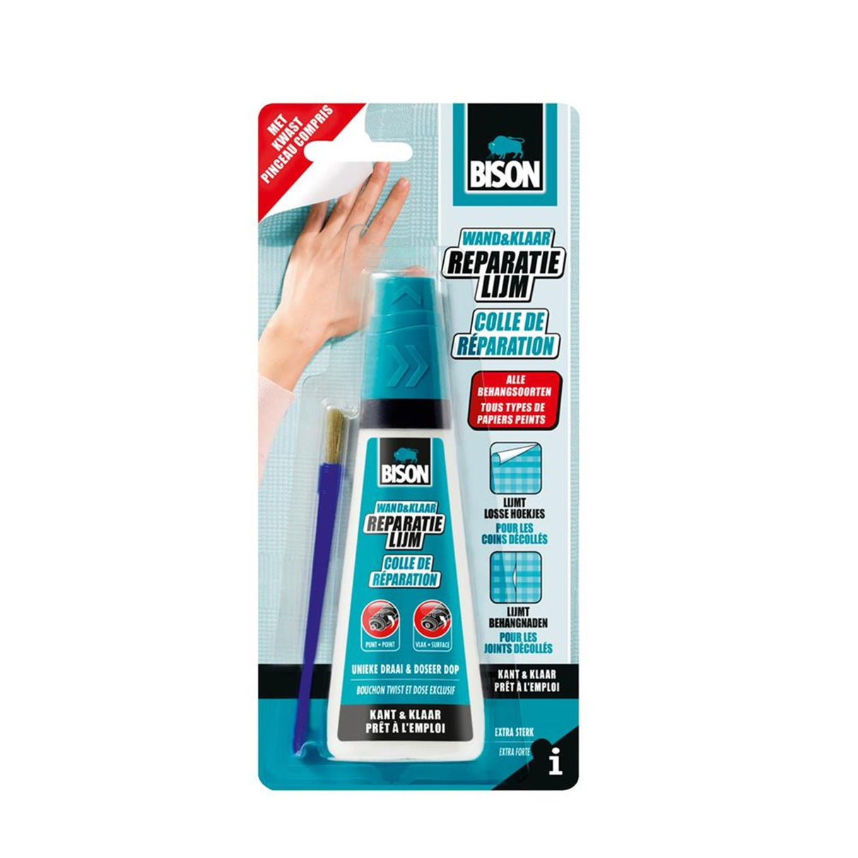 Bison wand klaar® behangreparatielijm 90 ml incl. lijmkwast, kant en klaar, extra sterk, losse hoeken en naden, geschikt voor allerlei verschillende soorten behang