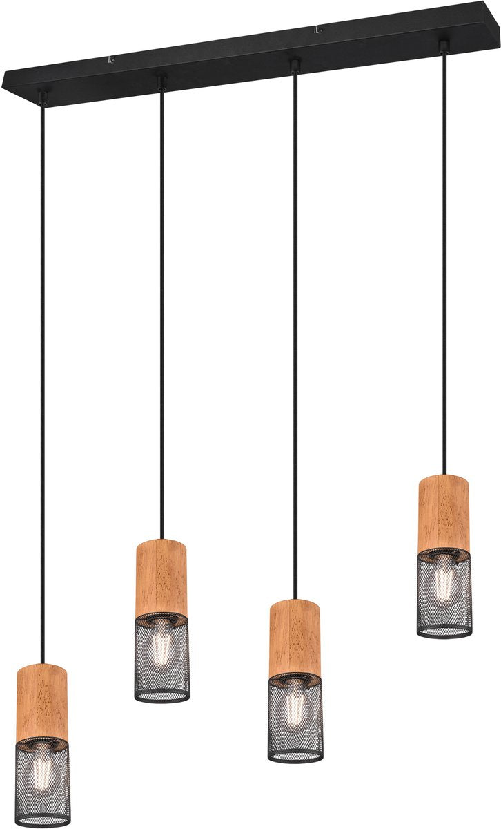 Trio tosh - hanglamp - zwart - excl. 4x e27 40w - aansparbaar in hoogte - houten elementen