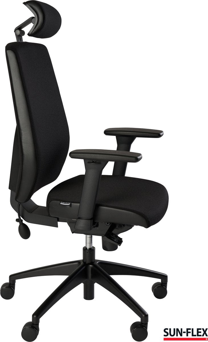 Sun-flex® officechair hb - ergonomische bureaustoel - zweedse kwaliteit - goede prijs kwaliteit verhouding - lendensteun oppompbaar - afneembare 4d armleuningen en 3d hoofdsteun - volledig instelbaar - recyclebare materialen - belasting tot 120 kg