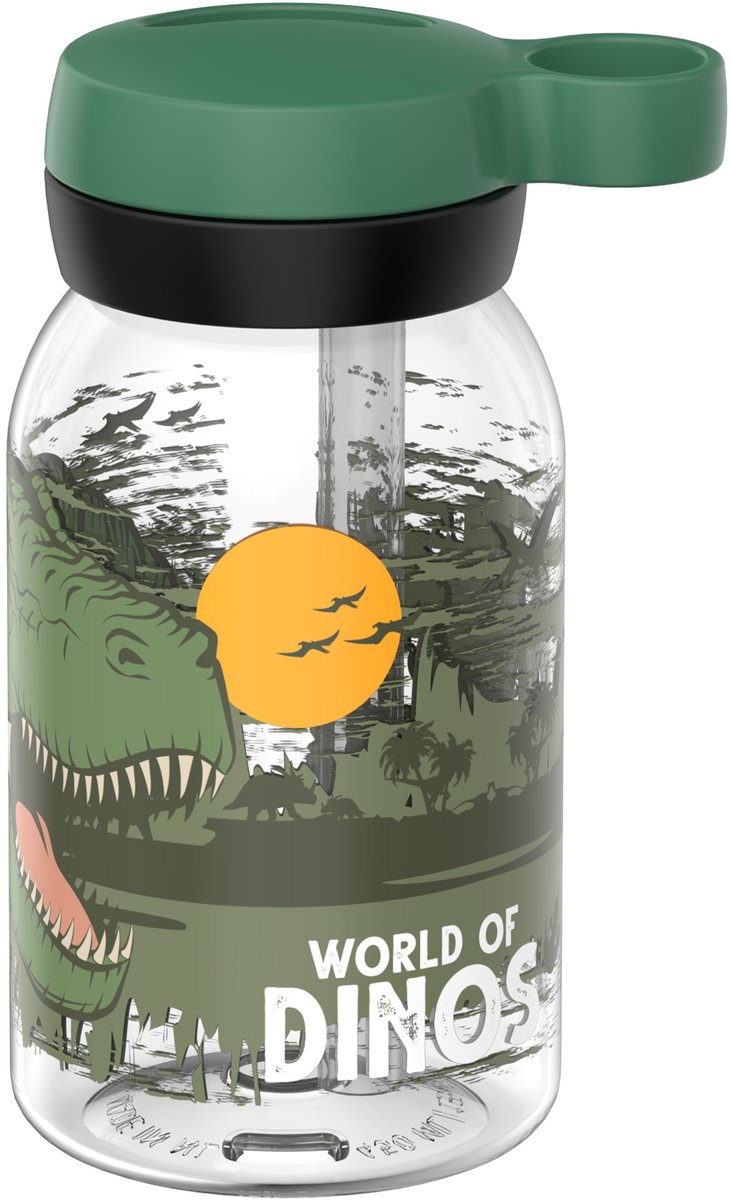 Mepal drinkfles met rietje campus - 450 ml - waterfles kinderen - lekdicht - hygiënische draaideksel - dino