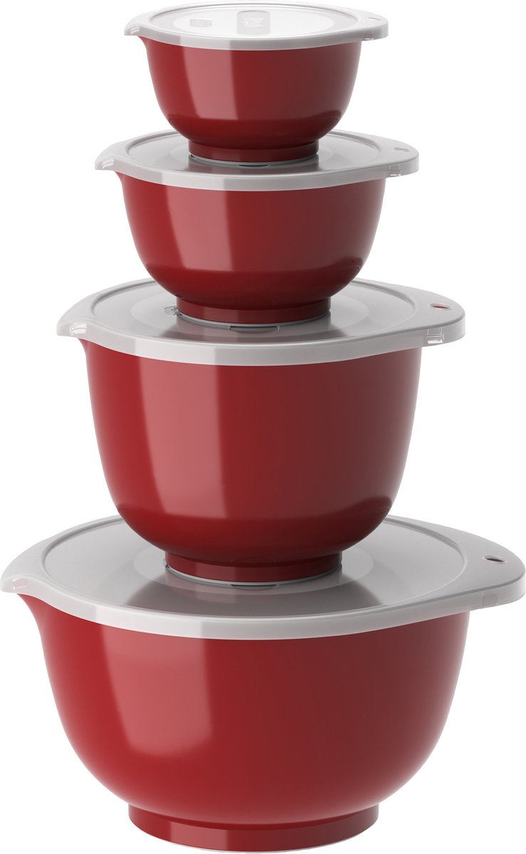 Rosti margrethe beslagkom set - 8 delig - 0,25, 0,5, 1,5 en 3 l - rood - mengkom met deksel voor bakken en koken - magnetron-, vriezer- en vaatwasmachinebestendig