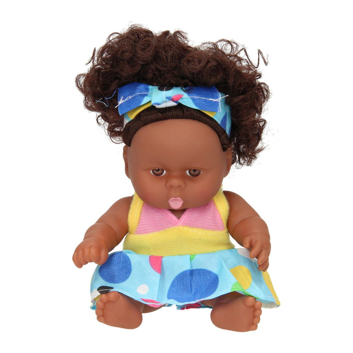 Babypop krullen met jurk, 22cm