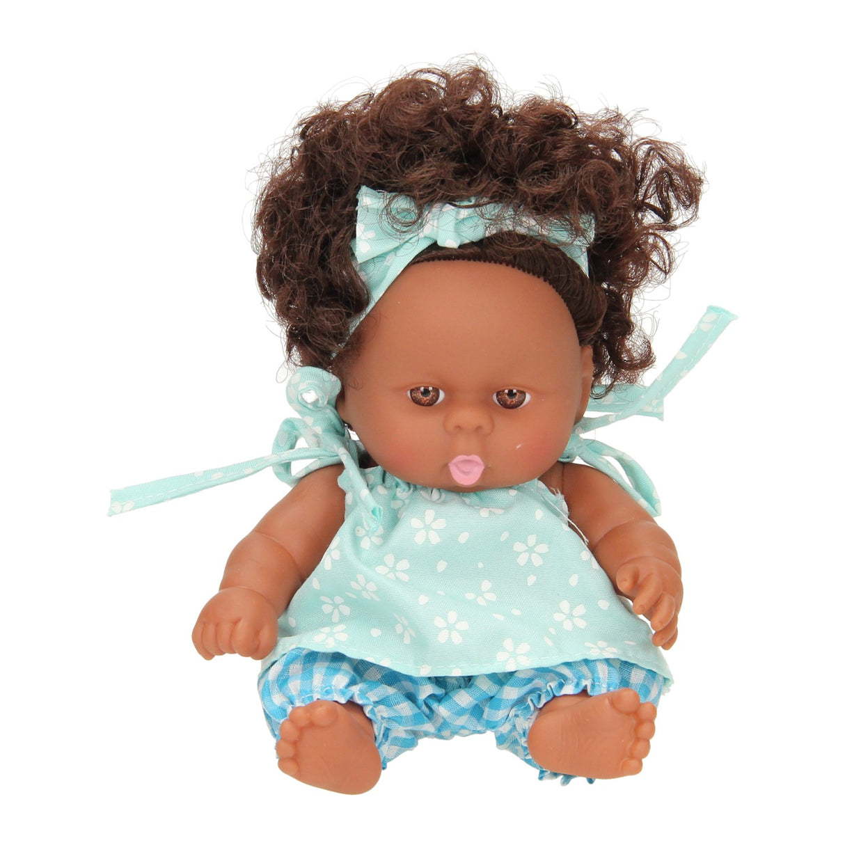 Babypop krullen met jurk, 22cm