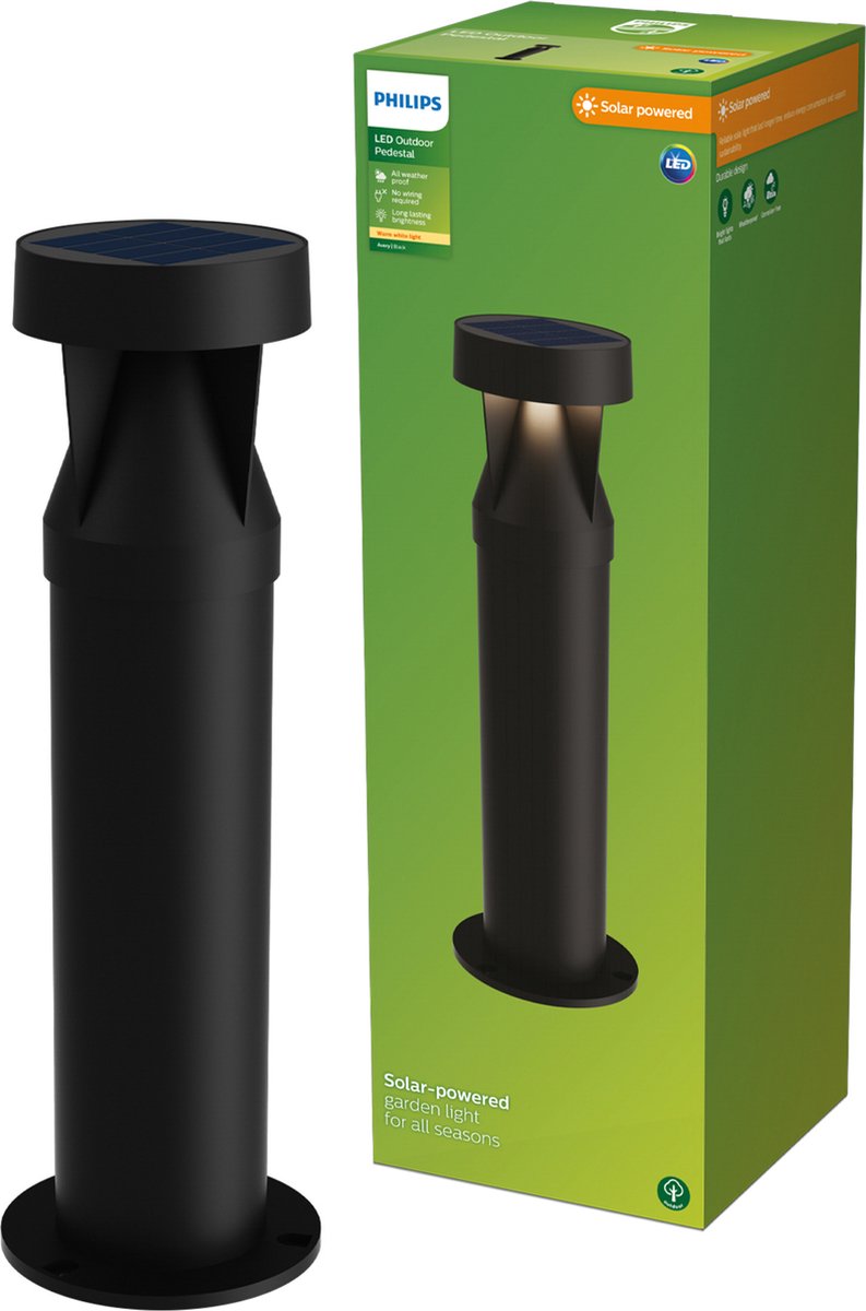 Philips led philips avery tuinpaal - solar buitenlamp - warm wit licht; 2700k - zwart - zonne-energie - tuinpadverlichting - sokkellamp