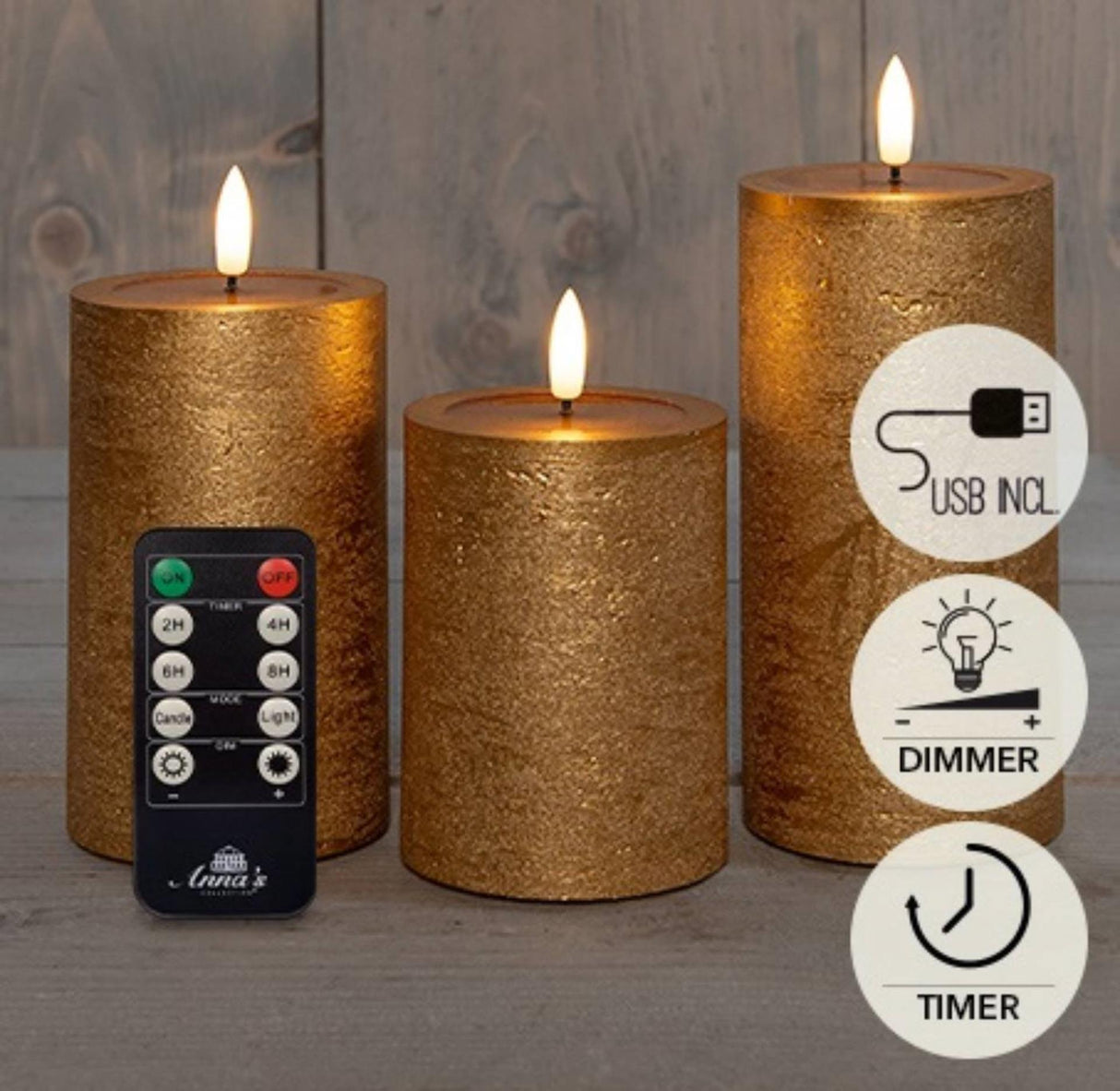 Anna's collection stompkaarsset met 3d vlam effect wax goud oplaadbaar, met afstandsbediening en usb kabel ø7,5x10 12 15cm
