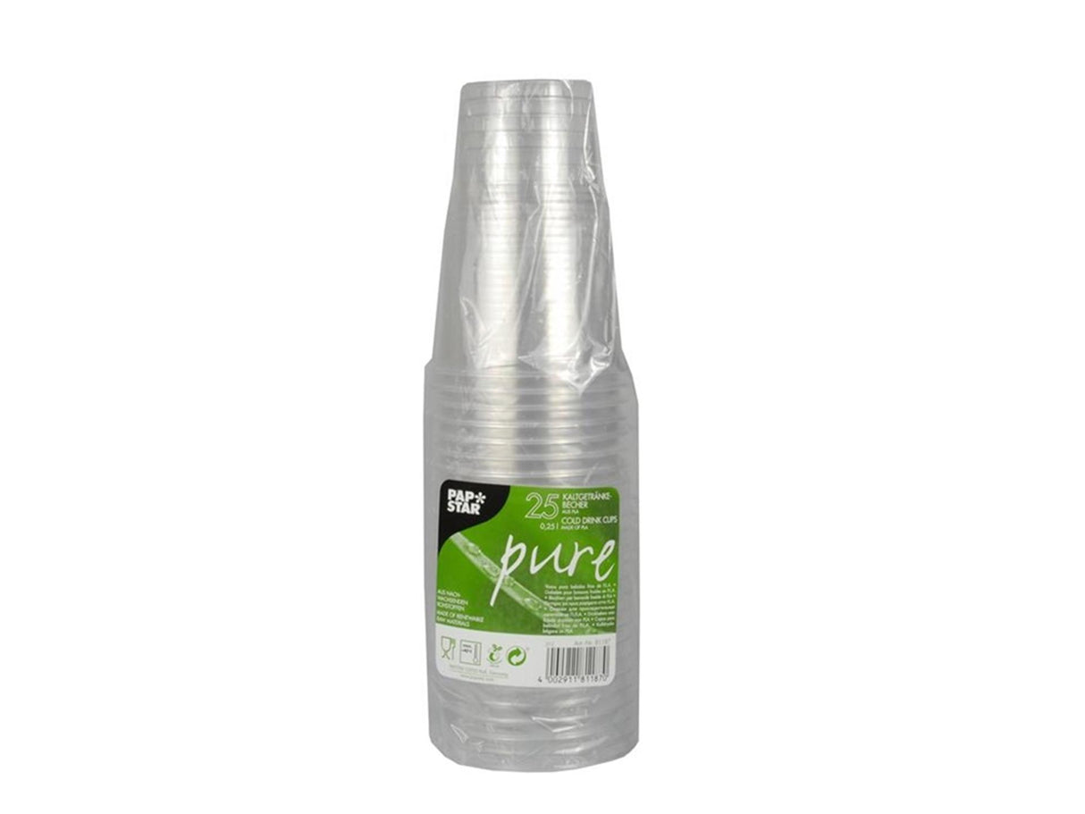 Papstar 25 drinkbekers pla pure 250ml ø7,8x11cm glashelder met schuimkraag