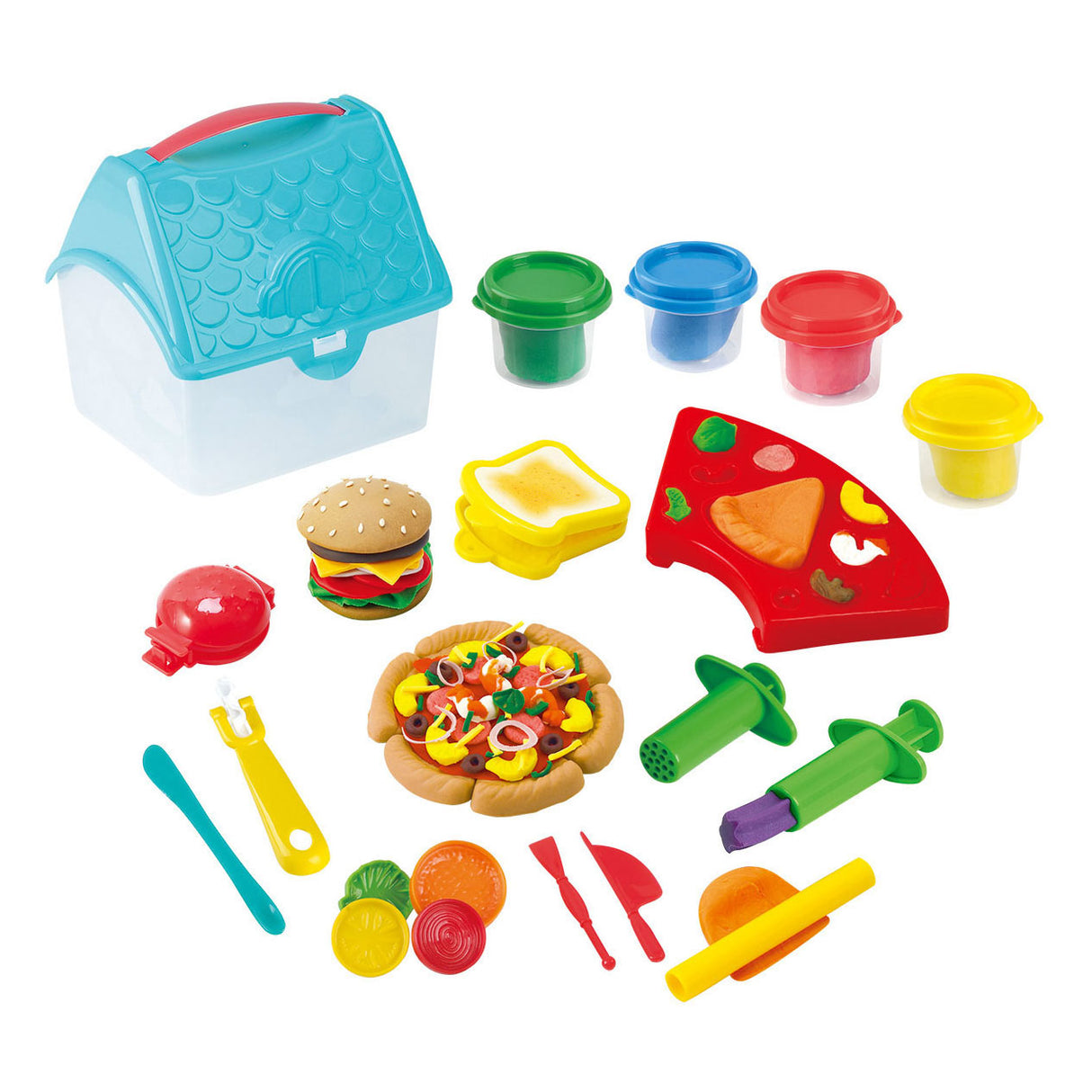 Playgo hamburger en sandwich kleiset in opbergdoos - 4 kleipotjes