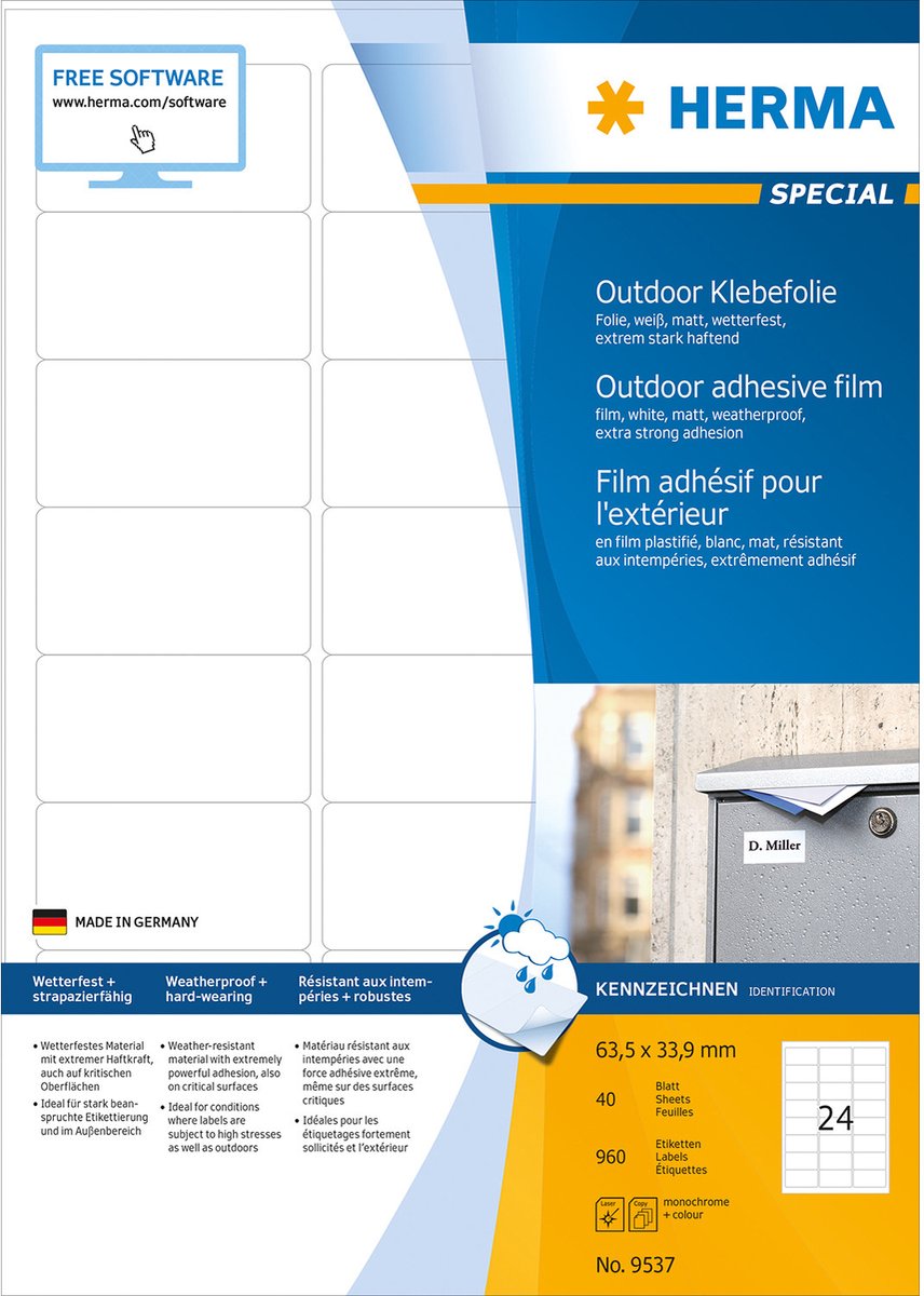 Herma 9537 etiketten (a4) 63.5 x 33.9 mm folie, mat wit 960 stuk(s) extra sterk hechtend folie-etiketten