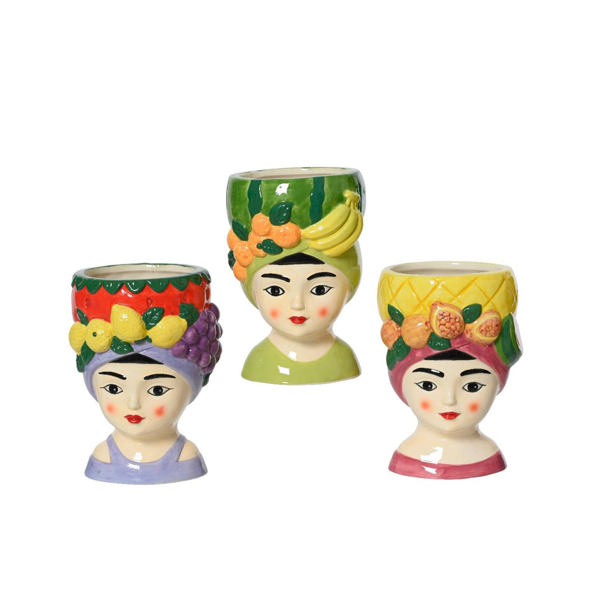 Decoris bloempot vrouw met fruit dolomiet 8,5x8,5x13,5cm 3 assorti