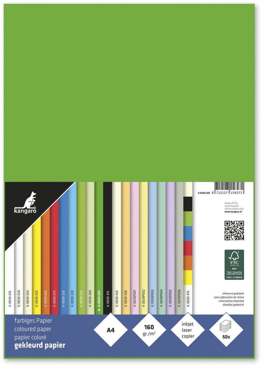 Kangaro papier - a4 - 160 gram fsc - pak 50 vel - helgroen - k-0039-285