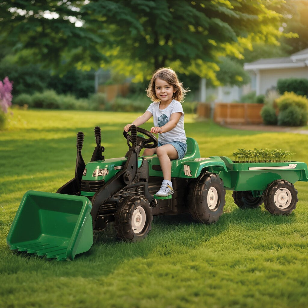 Dolu traptractor met aanhanger voorlader claxon groen zwart