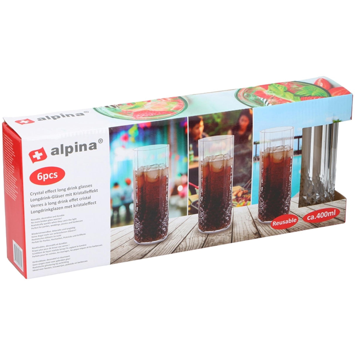 Alpina longdrinkglazen kristaleffect set van 6 kunststof 400 ml
