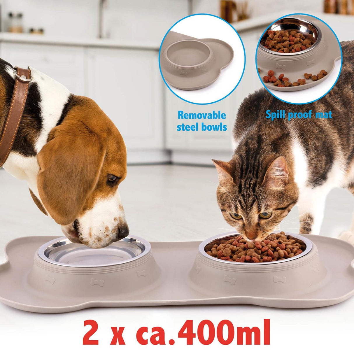 Pet voerbak met mat en stalen bak 45x27 duo
