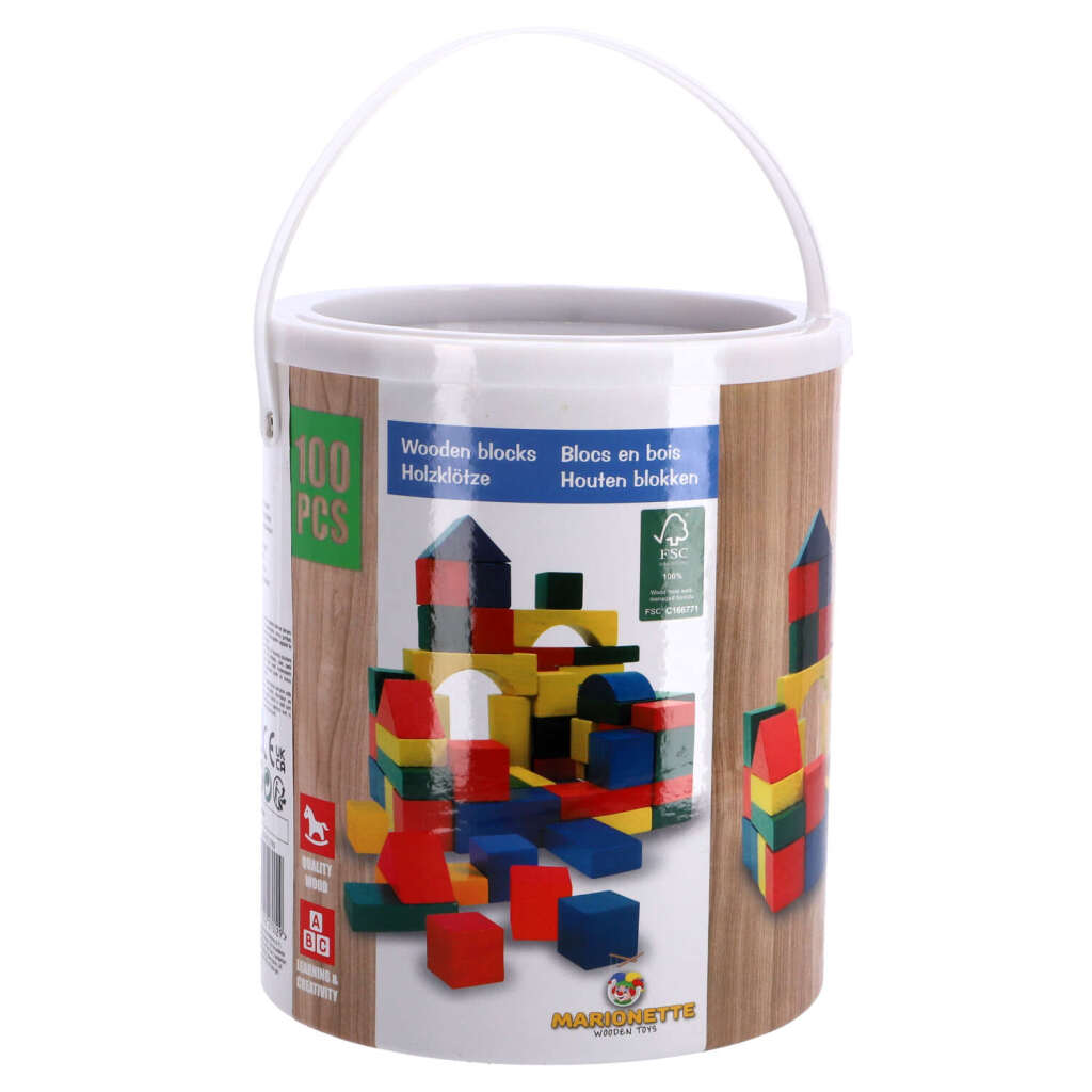 Marionette wooden toys houten speelgoed-blokken - vanaf 2 jaar - 100 stuks - in opbergton - rood-geel-groen-blauw