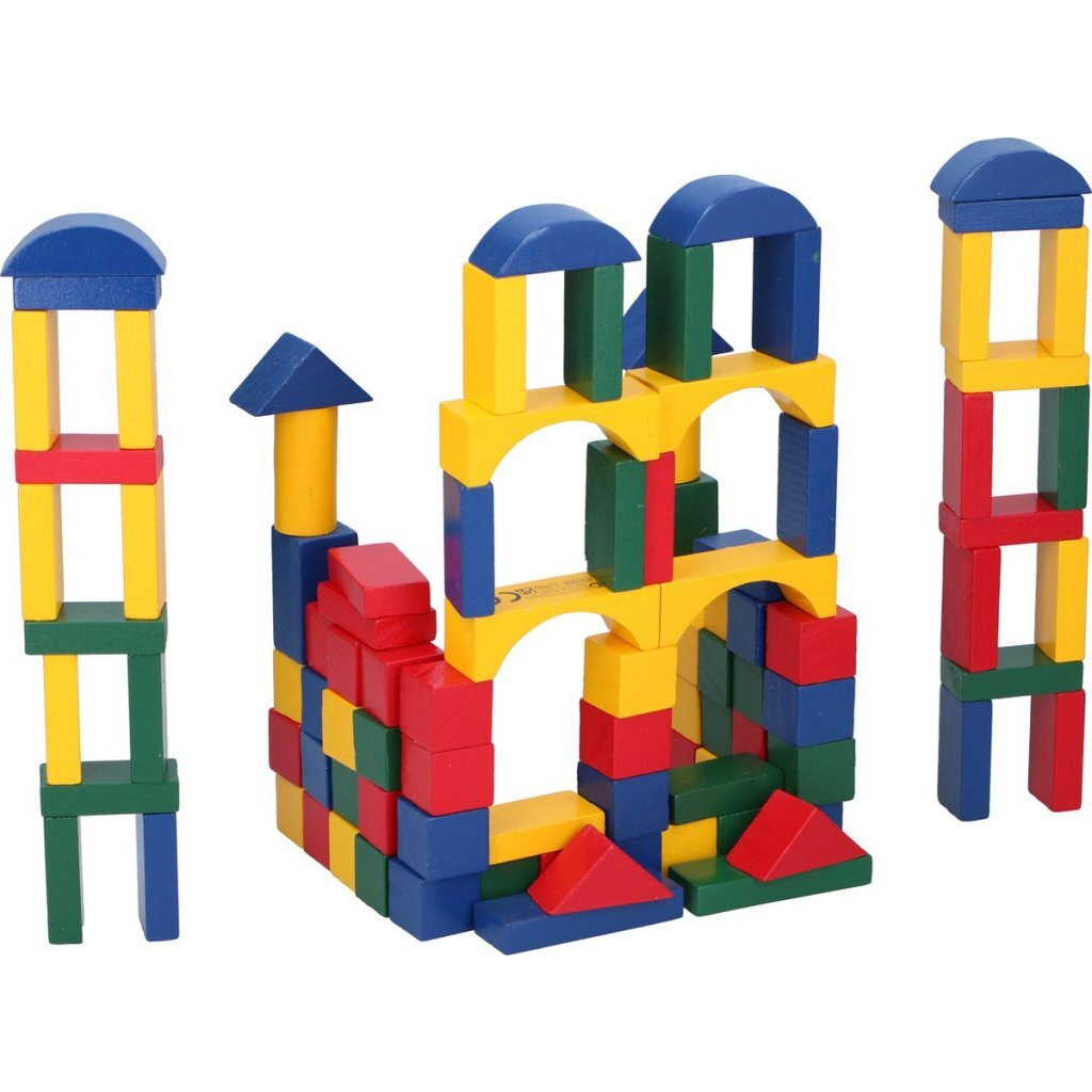 Marionette wooden toys houten speelgoed-blokken - vanaf 2 jaar - 100 stuks - in opbergton - rood-geel-groen-blauw