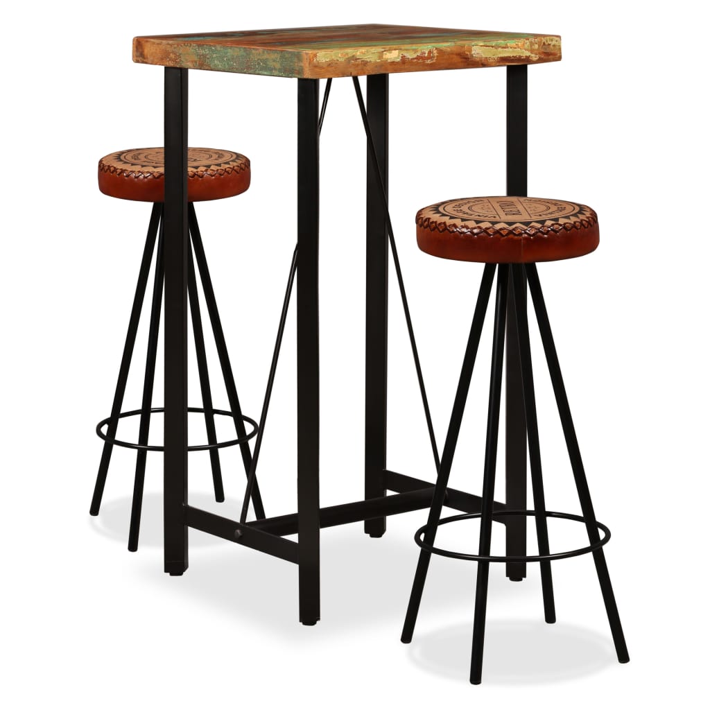 Vidaxl barset massief gerecycled hout, echt leer en canvas 3-delig