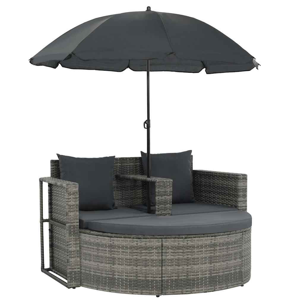 Vidaxl tuinbank 2-zits met kussens en parasol poly rattan grijs