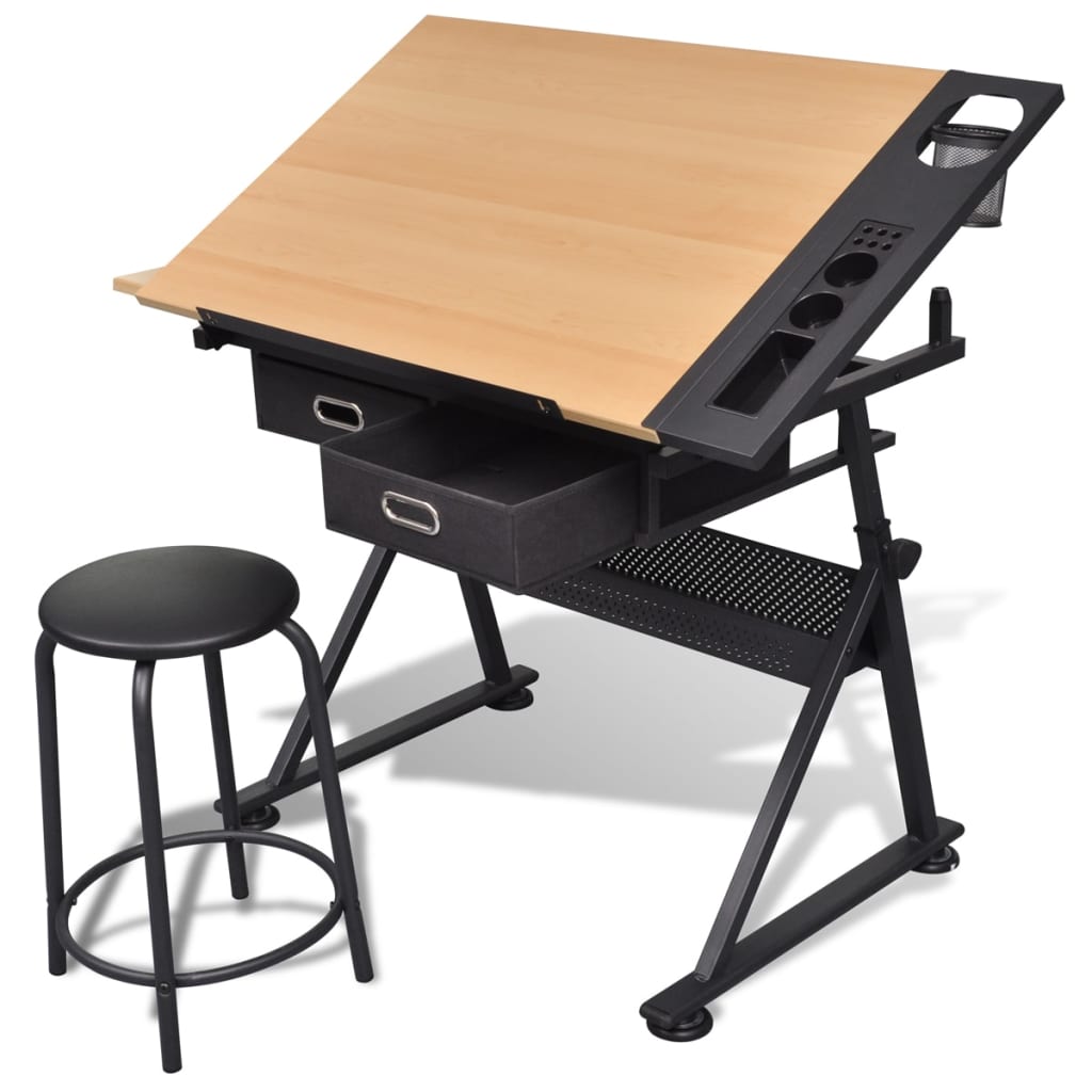 Vidaxl tekentafel met 2 lades en kruk