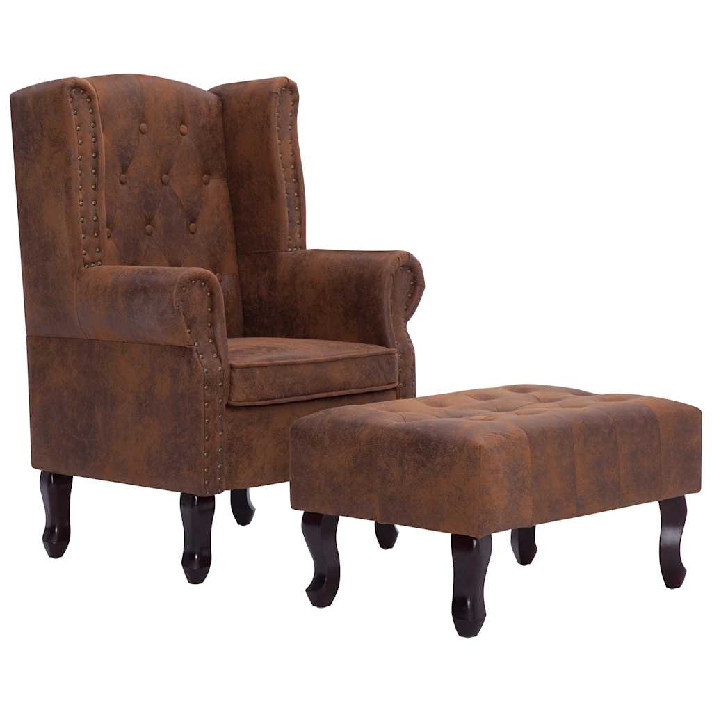 Vidaxl fauteuil en voetenbank chesterfield-stijl kunstsuède bruin