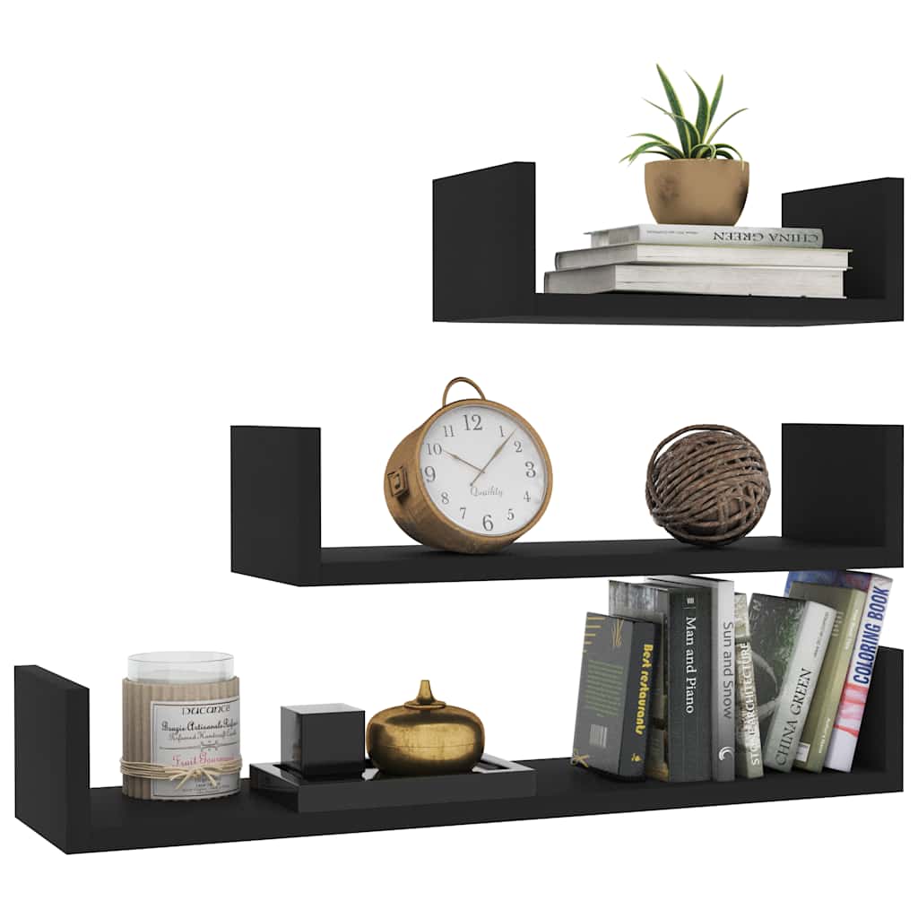 Vidaxl wandschappen 3 st bewerkt hout zwart
