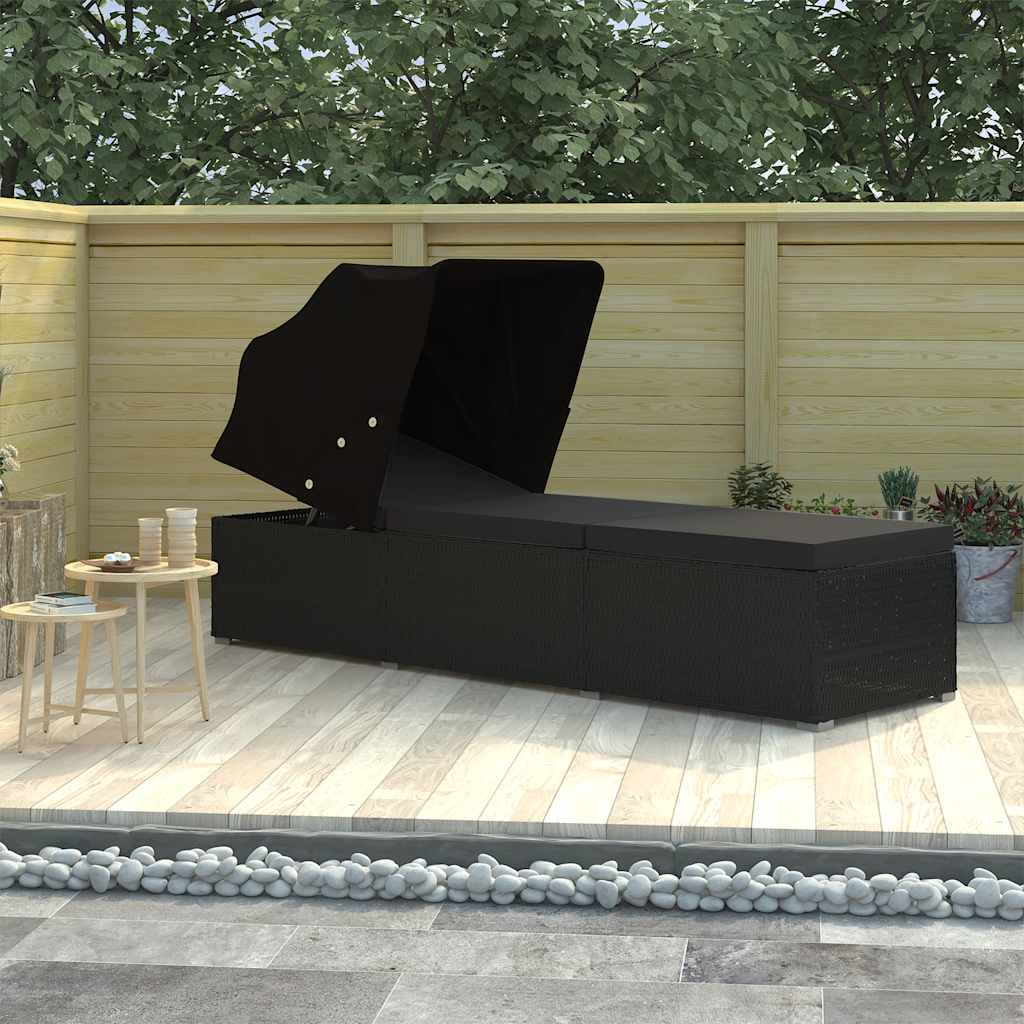 Vidaxl ligbed met luifel en kussen poly rattan zwart