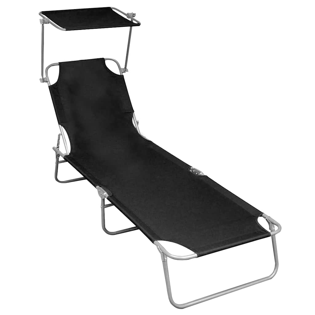 Vidaxl ligbed inklapbaar met luifel aluminium zwart