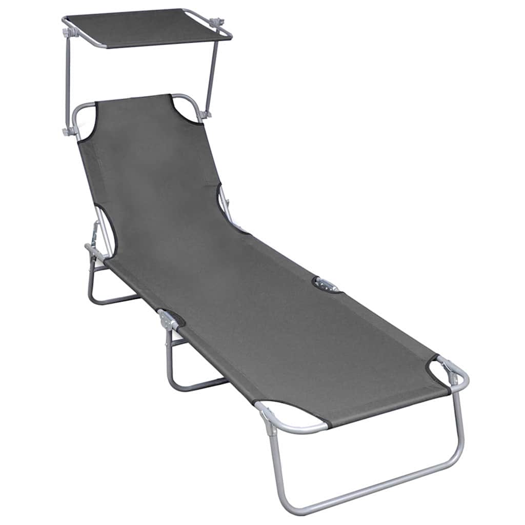 Vidaxl ligbed inklapbaar met luifel aluminium grijs